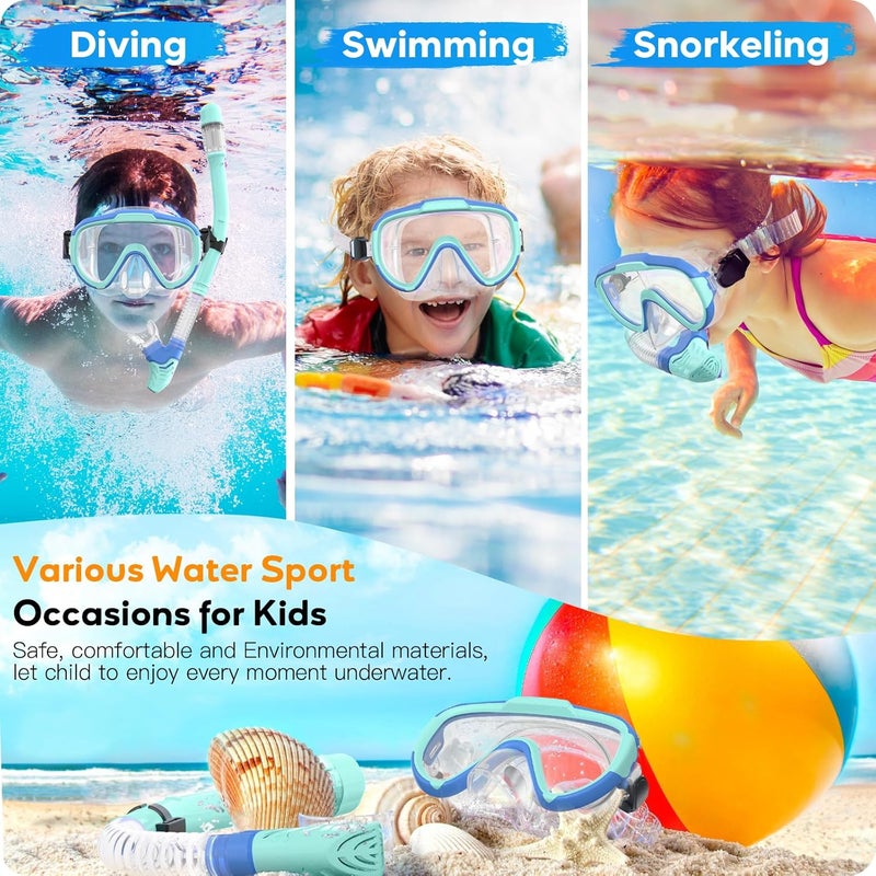 Seovediary Kids Snorkel Set, Anti-Fog Panoramic Tempered Glass Kids Snorkel mask, Anti-Leak Scuba Diving Mask with Mesh Bag, Dry Top Snorkeling Gear for Kids and Youth Age 4-16 - Image 5